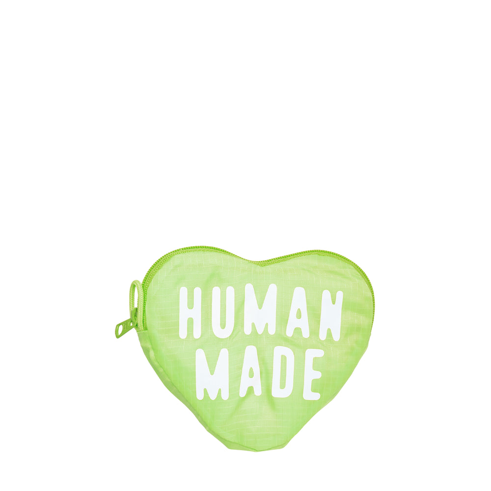 Human Made Heart Shopping Bag in lime green nylon with embroidered heart logo patch and diagonal stripe graphic on the front