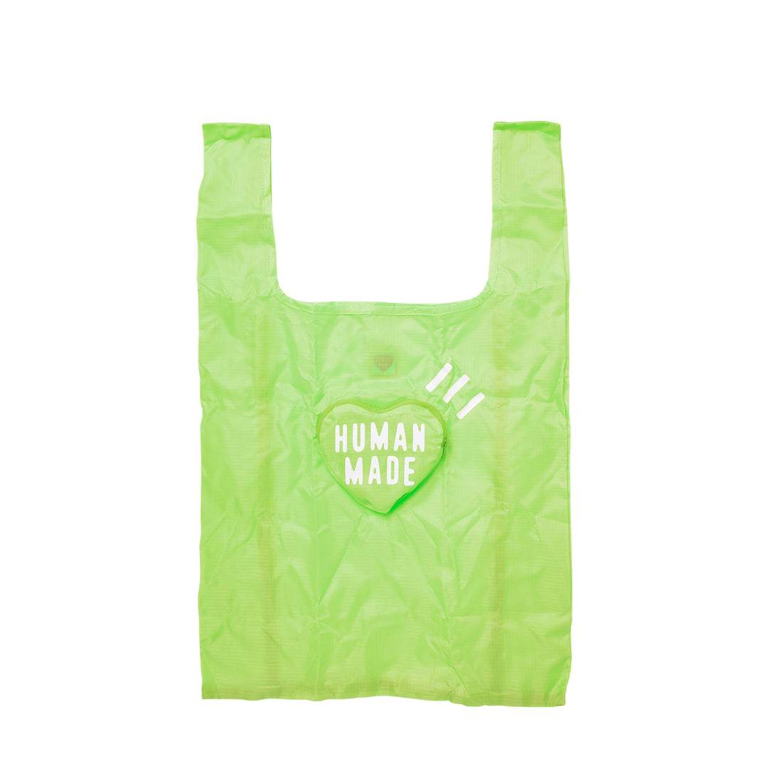 Human Made Heart Shopping Bag in lime green nylon with embroidered heart logo patch and diagonal stripe graphic on the front