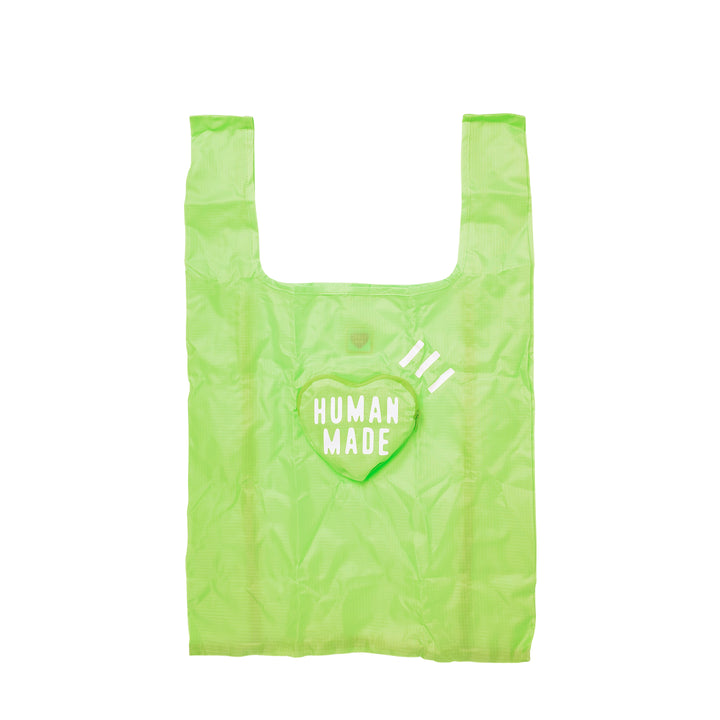 Human Made Heart Shopping Bag in lime green nylon with embroidered heart logo patch and diagonal stripe graphic on the front