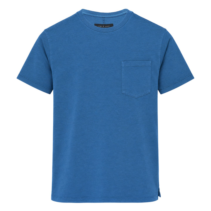 rag & bone Garment Dye Classic Pocket Tee in blue, featuring a crew neck, short sleeves, and a patch chest pocket with topstitching