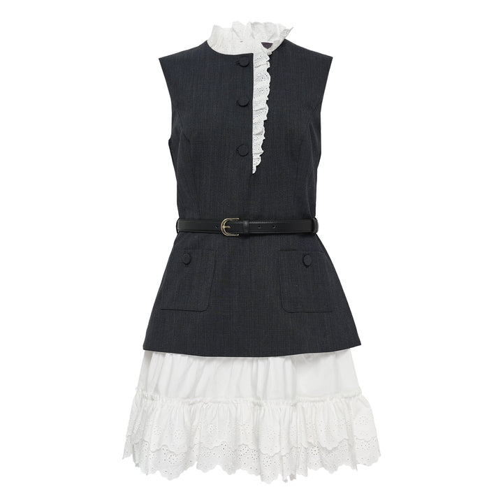 Grey Wool Cotton Frill Mini Dress