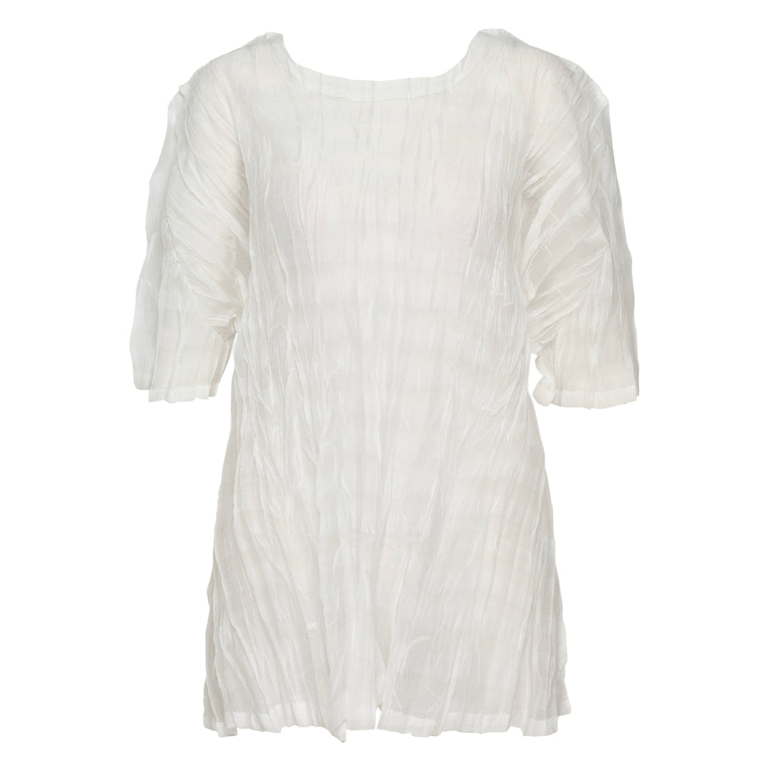 Pleats Please Issey Miyake Twisted Border Shirt in white with all-over crinkled pleat texture, relaxed boxy fit, short sleeves and rounded neckline