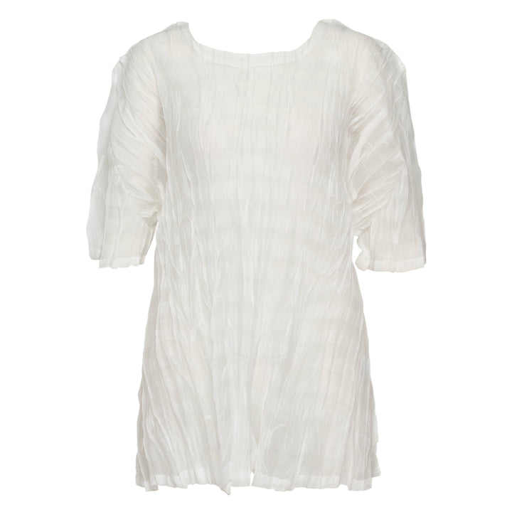 Pleats Please Issey Miyake Twisted Border Shirt in white with all-over crinkled pleat texture, relaxed boxy fit, short sleeves and rounded neckline