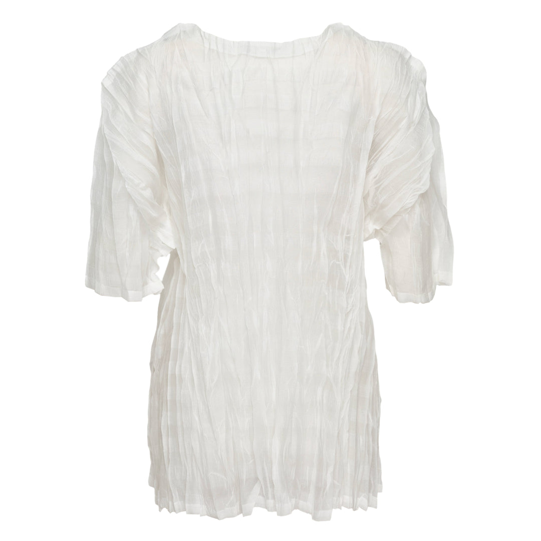 Pleats Please Issey Miyake Twisted Border Shirt in white with all-over crinkled pleat texture, relaxed boxy fit, short sleeves and rounded neckline