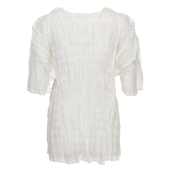 Pleats Please Issey Miyake Twisted Border Shirt in white with all-over crinkled pleat texture, relaxed boxy fit, short sleeves and rounded neckline