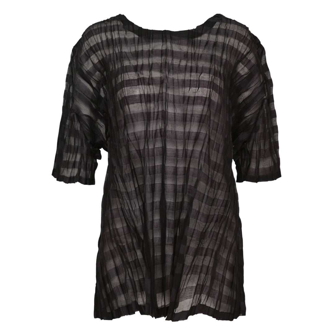 Pleats Please Issey Miyake Twisted Border Shirt in sheer black pleated fabric with horizontal stripe pattern and short sleeves, flat lay front view