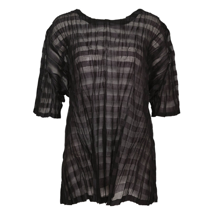 Pleats Please Issey Miyake Twisted Border Shirt in sheer black pleated fabric with horizontal stripe pattern and short sleeves, flat lay front view