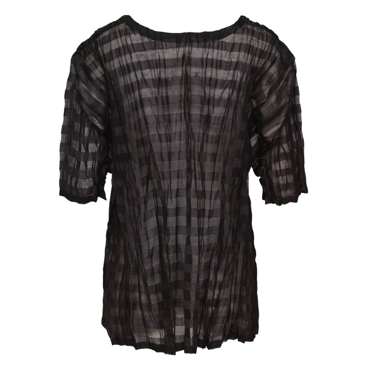 Pleats Please Issey Miyake Twisted Border Shirt in sheer black pleated fabric with horizontal stripe pattern and short sleeves, flat lay front view