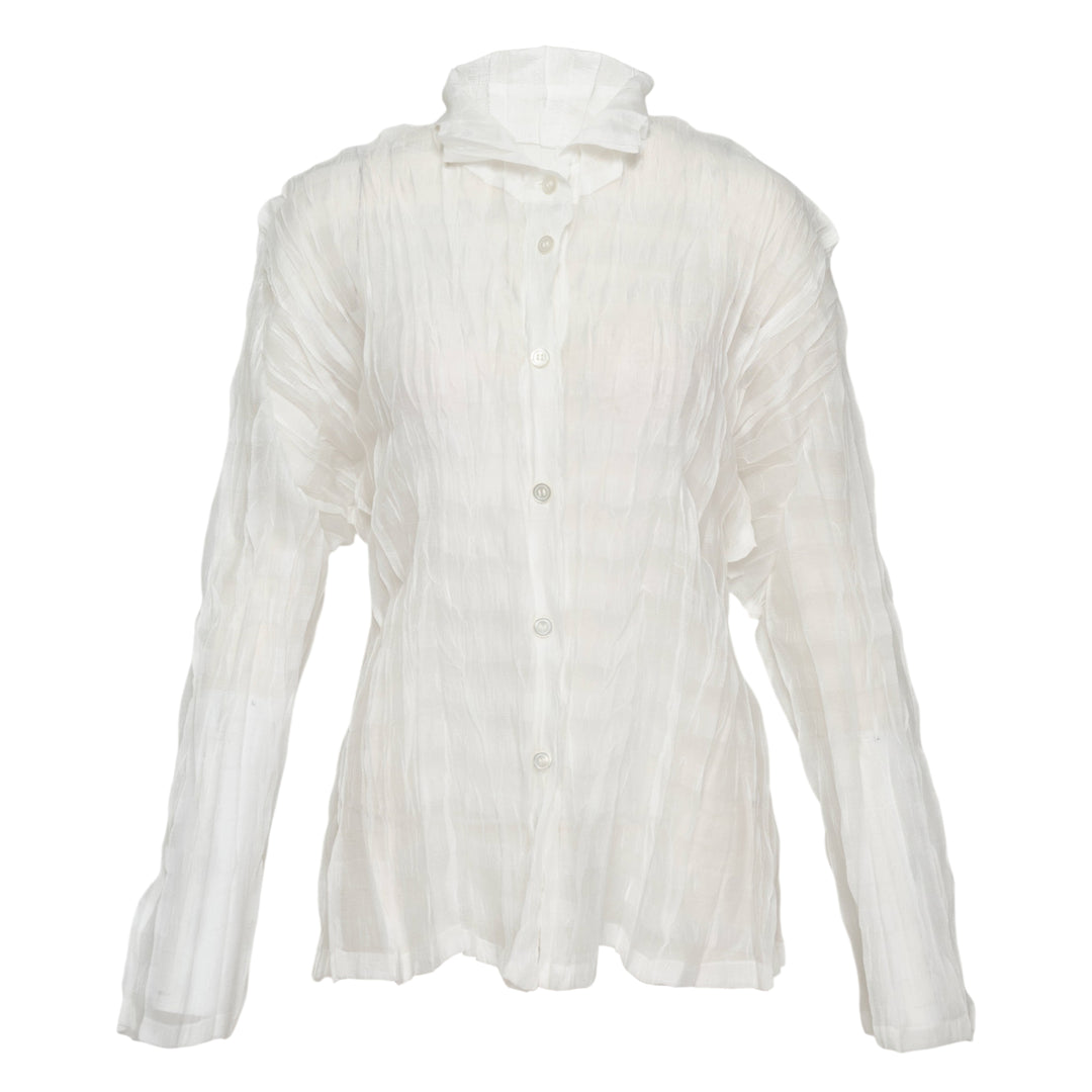 Pleats Please Issey Miyake Twisted Border Shirt in sheer black pleated fabric with horizontal stripe pattern and short sleeves, flat lay front view