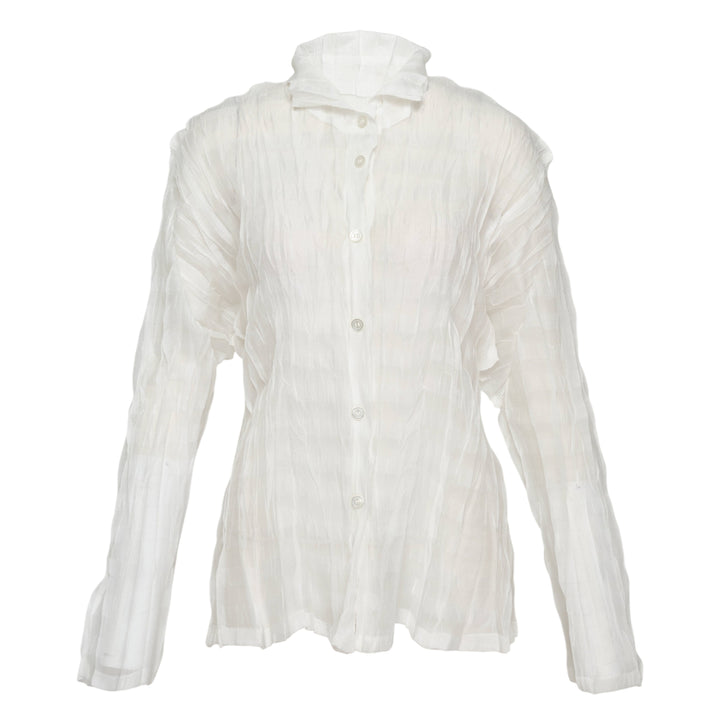 Pleats Please Issey Miyake Twisted Border Shirt in sheer black pleated fabric with horizontal stripe pattern and short sleeves, flat lay front view