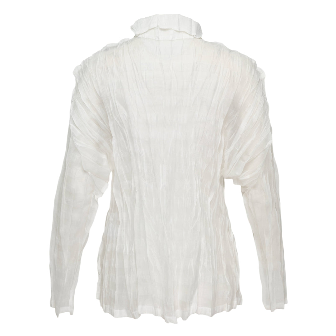 Pleats Please Issey Miyake Twisted Border Shirt in sheer black pleated fabric with horizontal stripe pattern and short sleeves, flat lay front view