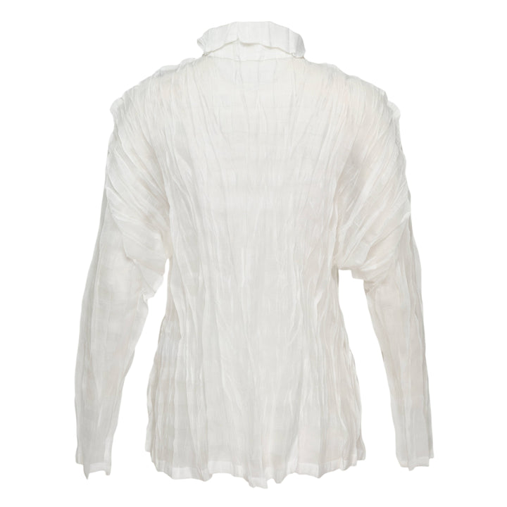 Pleats Please Issey Miyake Twisted Border Shirt in sheer black pleated fabric with horizontal stripe pattern and short sleeves, flat lay front view