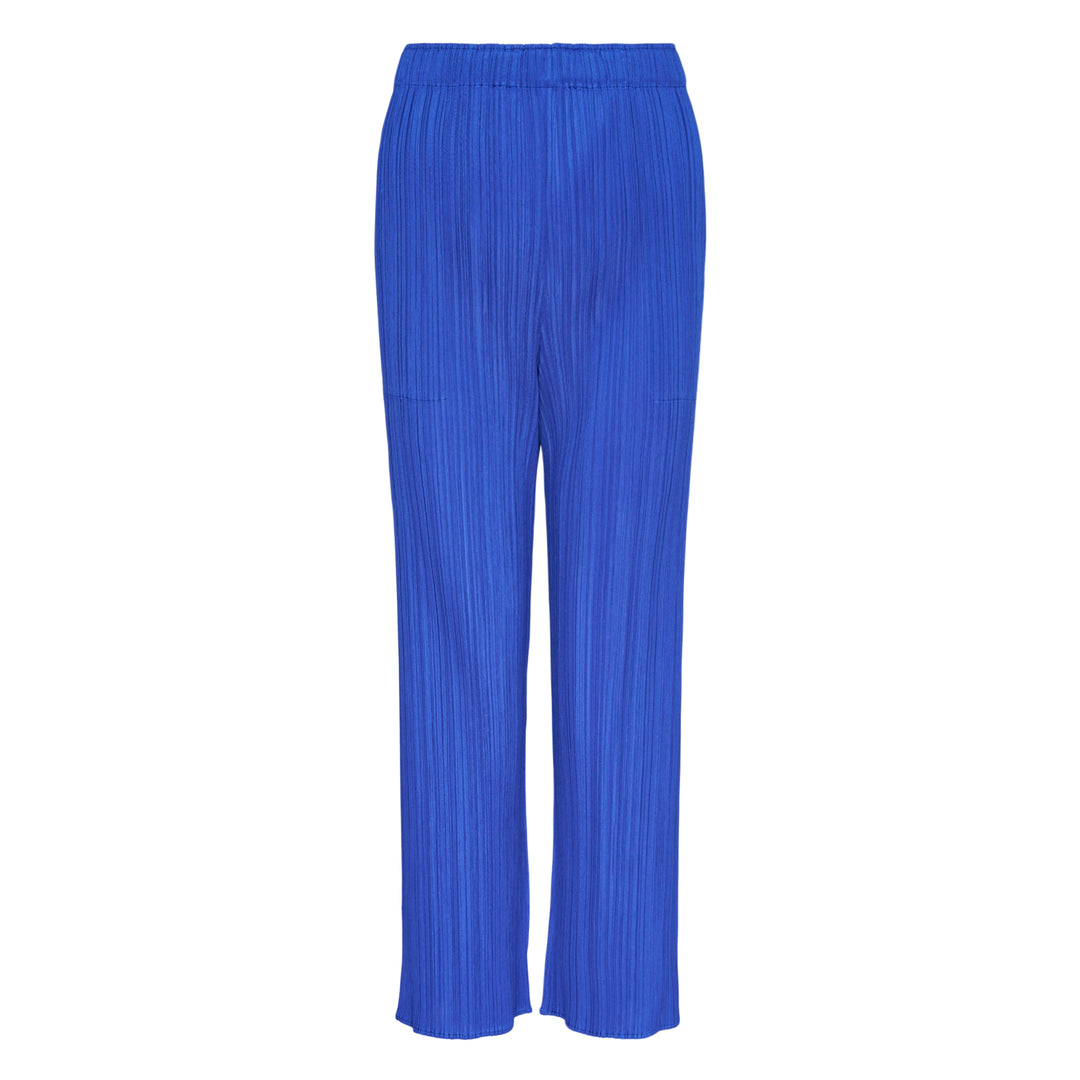 Pleats Please Issey Miyake Monthly Colors May Pants in cobalt blue micro-pleated fabric with elasticated waistband and straight-leg silhouette