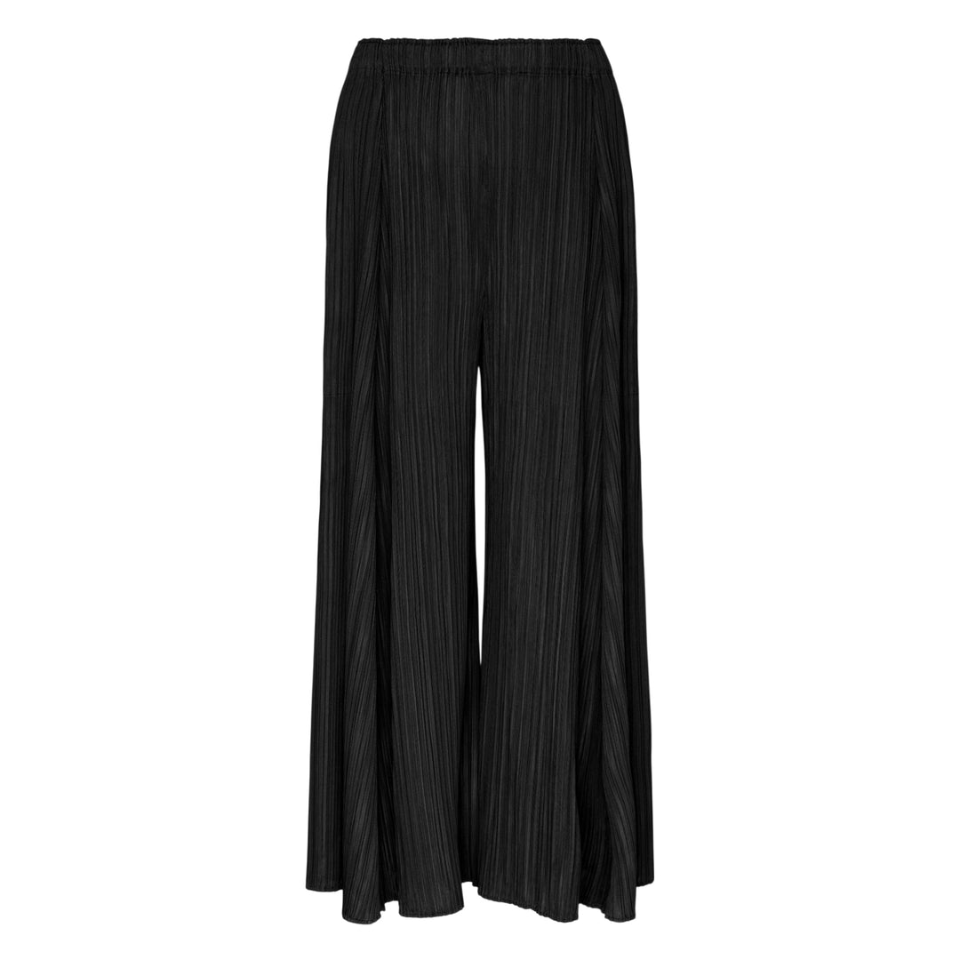 Pleats Please Issey Miyake Mellow Pleats Pants in black, featuring a wide-leg silhouette, fine vertical pleating, and an elasticated waistband, displayed flat on a white background.