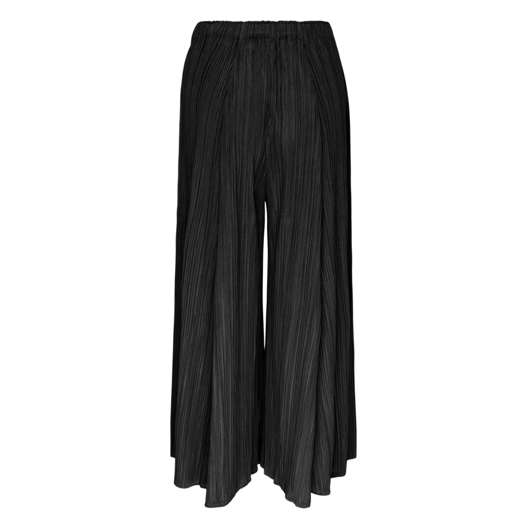 Pleats Please Issey Miyake Mellow Pleats Pants in black, featuring a wide-leg silhouette, fine vertical pleating, and an elasticated waistband, displayed flat on a white background.