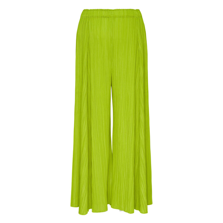 Pleats Please Issey Miyake Mellow Pleats Pants in black, featuring a wide-leg silhouette, fine vertical pleating, and an elasticated waistband, displayed flat on a white background.