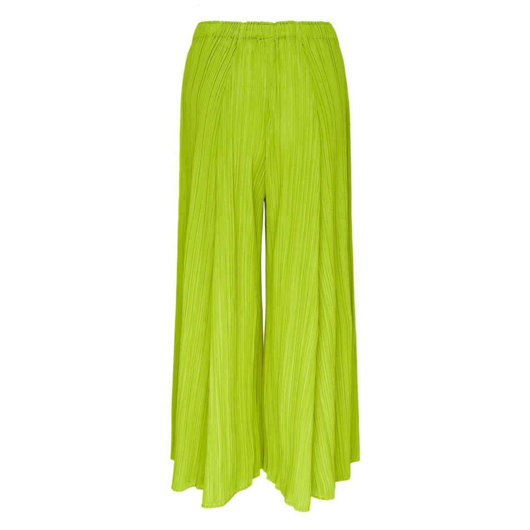Pleats Please Issey Miyake Mellow Pleats Pants in black, featuring a wide-leg silhouette, fine vertical pleating, and an elasticated waistband, displayed flat on a white background.