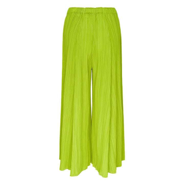 Pleats Please Issey Miyake Mellow Pleats Pants in black, featuring a wide-leg silhouette, fine vertical pleating, and an elasticated waistband, displayed flat on a white background.