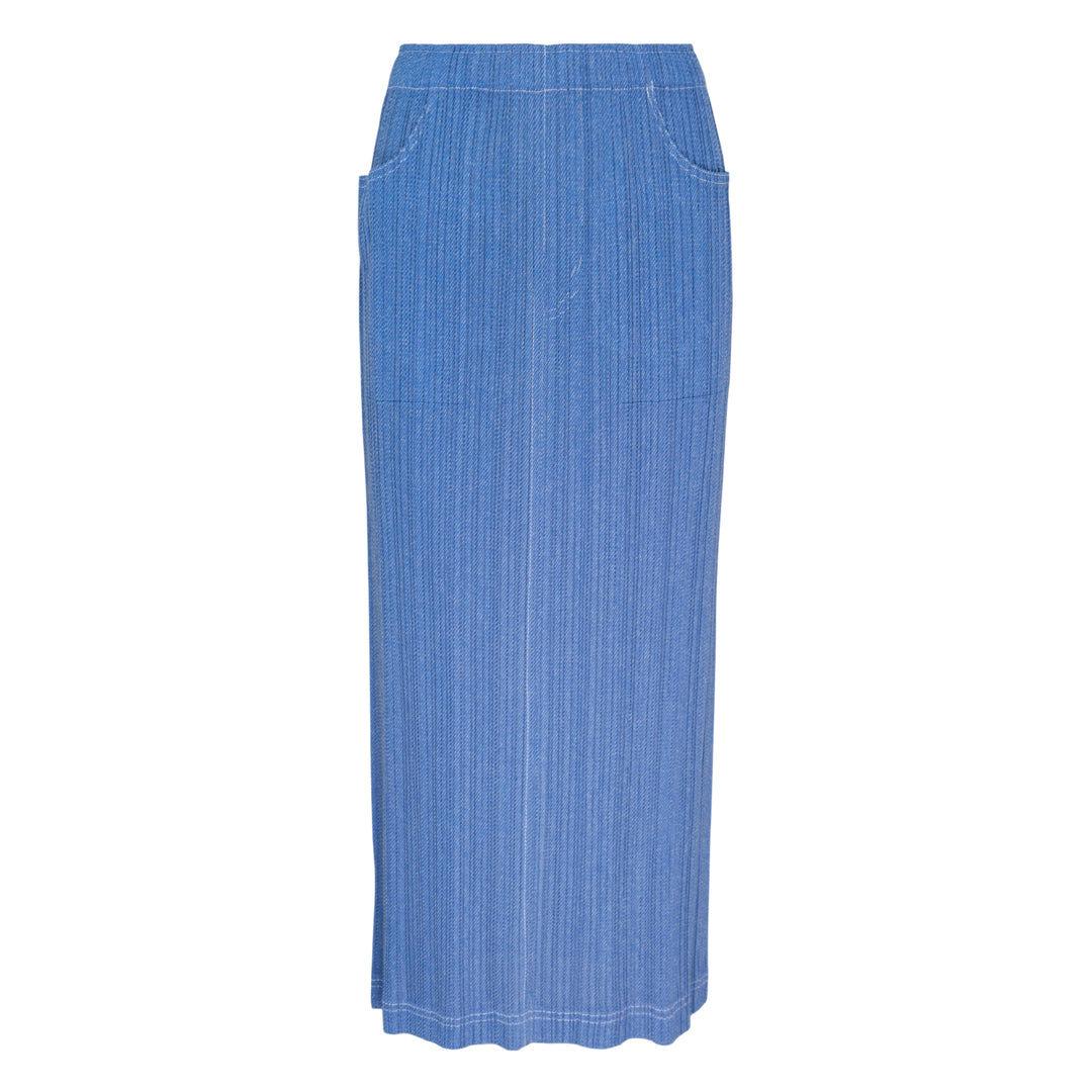 Pleats Please Issey Miyake Cotton Denim Skirt in powder blue with vertical micro-pleating and a midi-length pencil silhouette, shown on a white background
