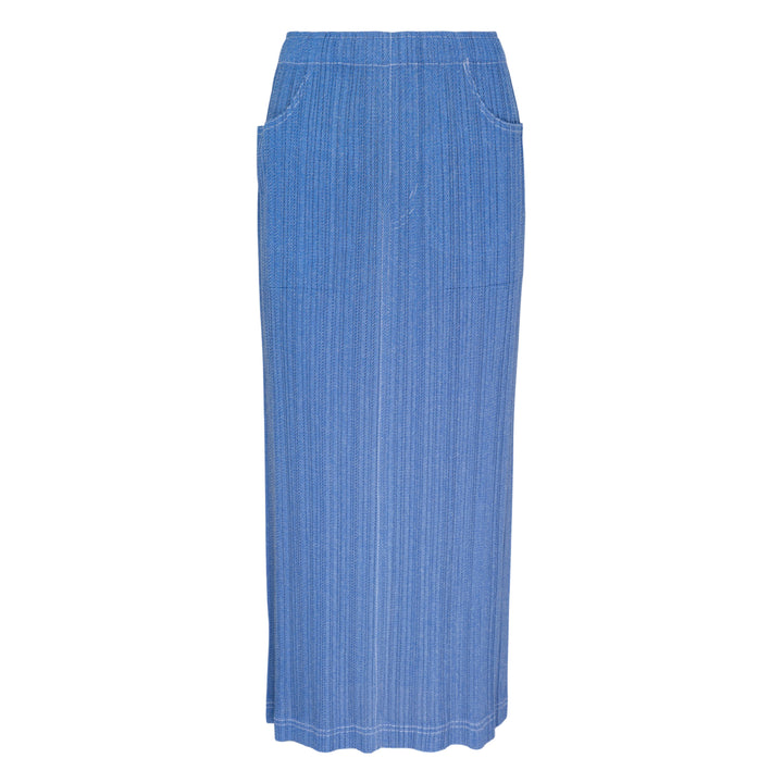 Pleats Please Issey Miyake Cotton Denim Skirt in powder blue with vertical micro-pleating and a midi-length pencil silhouette, shown on a white background