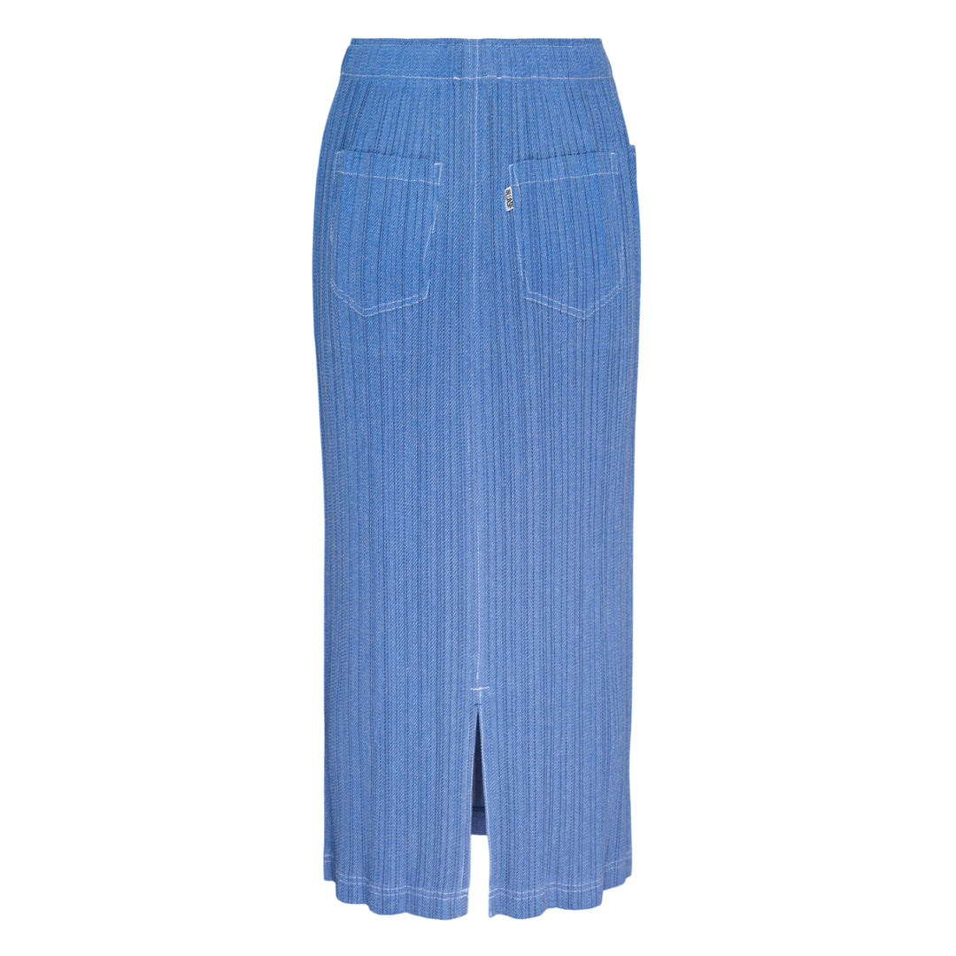 Pleats Please Issey Miyake Cotton Denim Skirt in powder blue with vertical micro-pleating and a midi-length pencil silhouette, shown on a white background