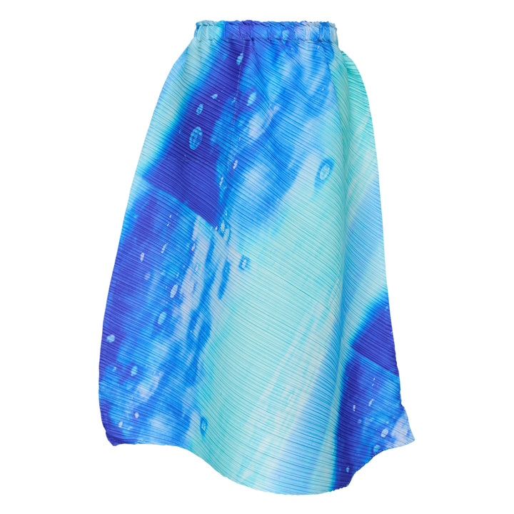 Pleats Please Issey Miyake Sea Bubble Skirt in cobalt blue and aqua watercolor pleated fabric with smocked elastic waistband and midi A-line silhouette
