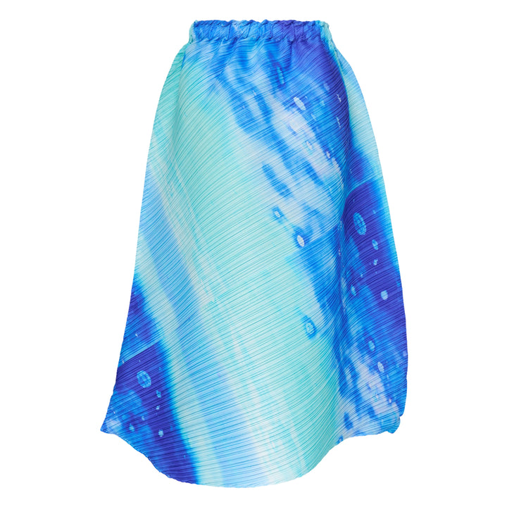 Pleats Please Issey Miyake Sea Bubble Skirt in cobalt blue and aqua watercolor pleated fabric with smocked elastic waistband and midi A-line silhouette