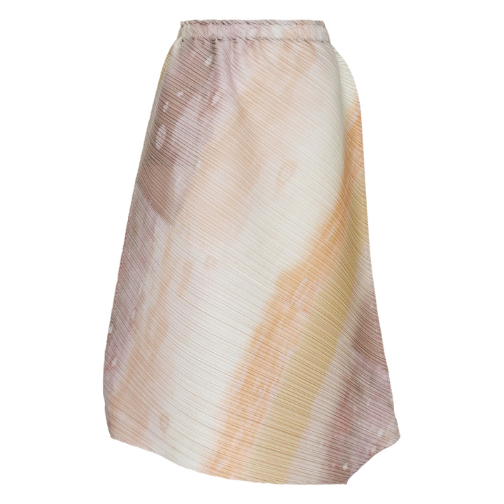 Pleats Please Issey Miyake Sea Bubble Skirt in cobalt blue and aqua watercolor pleated fabric with smocked elastic waistband and midi A-line silhouette