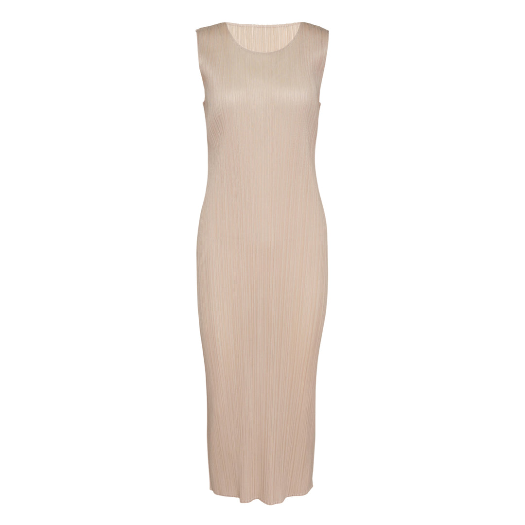 Pleats Please Issey Miyake Monthly Colors May sleeveless pleated midi dress in blush nude, shown flat on white background