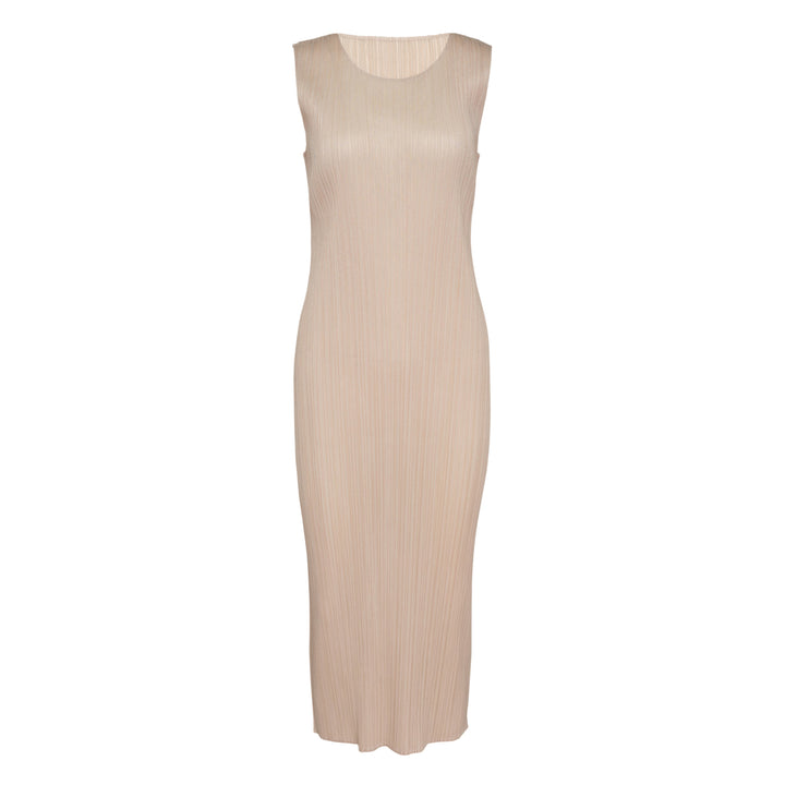 Pleats Please Issey Miyake Monthly Colors May sleeveless pleated midi dress in blush nude, shown flat on white background