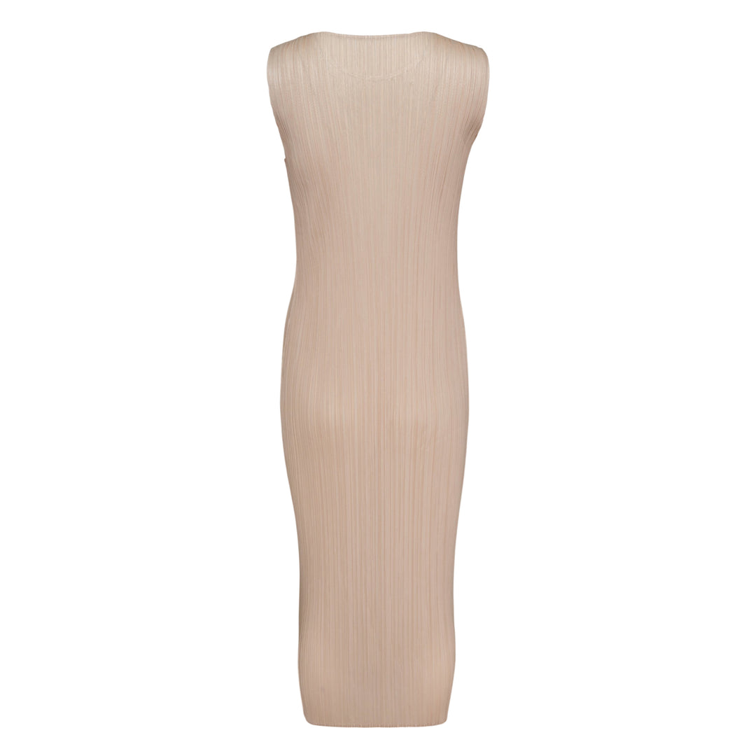Pleats Please Issey Miyake Monthly Colors May sleeveless pleated midi dress in blush nude, shown flat on white background