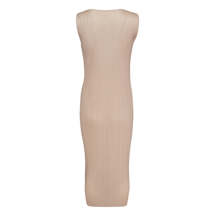Pleats Please Issey Miyake Monthly Colors May sleeveless pleated midi dress in blush nude, shown flat on white background