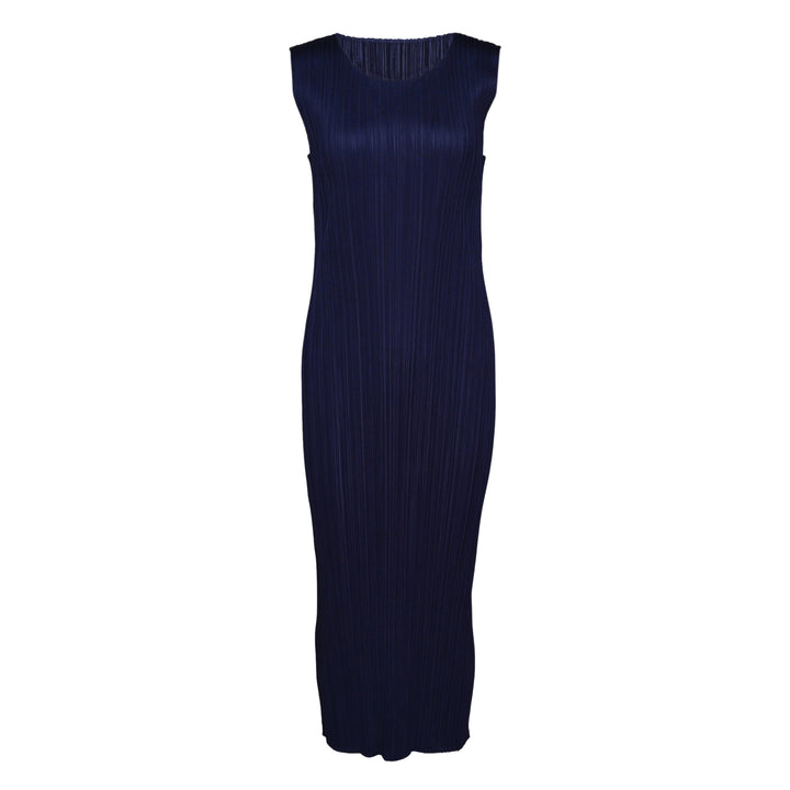 Pleats Please Issey Miyake Monthly Colors May sleeveless pleated midi dress in blush nude, shown flat on white background