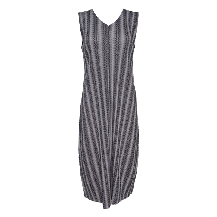 Pleats Please Issey Miyake grey cotton zigzag pleated sleeveless midi dress with V-neckline and vertical zigzag pattern