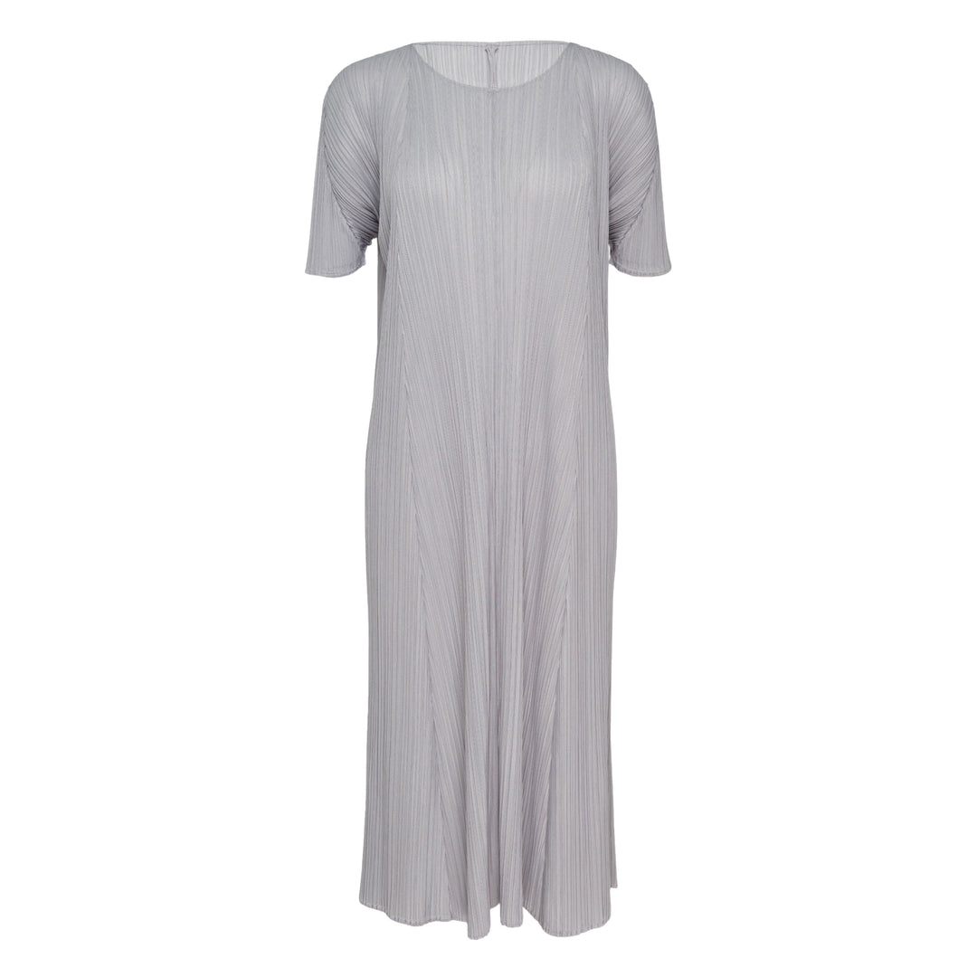 Pleats Please Issey Miyake Mellow Pleats Dress in silver-grey with fine vertical pleating, round neckline and short sleeves, midi length