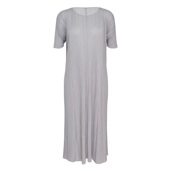 Pleats Please Issey Miyake Mellow Pleats Dress in silver-grey with fine vertical pleating, round neckline and short sleeves, midi length
