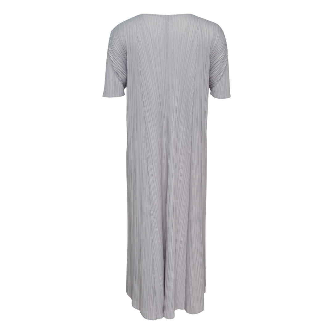 Pleats Please Issey Miyake Mellow Pleats Dress in silver-grey with fine vertical pleating, round neckline and short sleeves, midi length