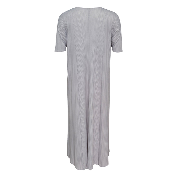 Pleats Please Issey Miyake Mellow Pleats Dress in silver-grey with fine vertical pleating, round neckline and short sleeves, midi length