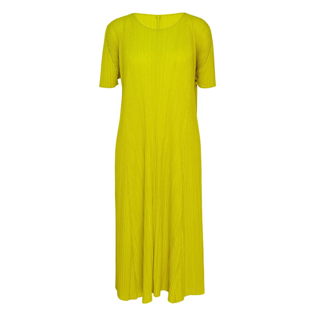 Pleats Please Issey Miyake Mellow Pleats Dress in silver-grey with fine vertical pleating, round neckline and short sleeves, midi length