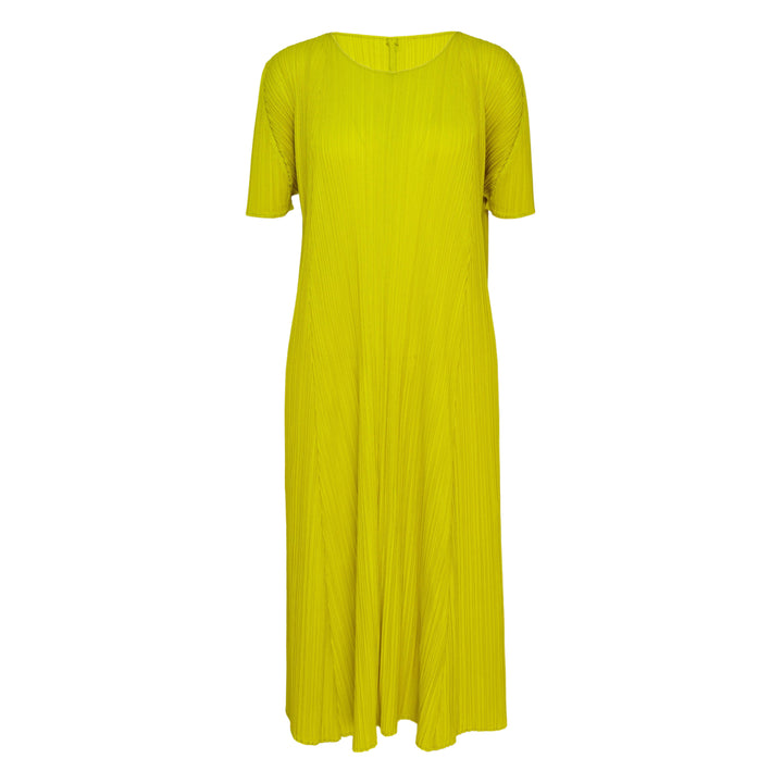 Pleats Please Issey Miyake Mellow Pleats Dress in silver-grey with fine vertical pleating, round neckline and short sleeves, midi length