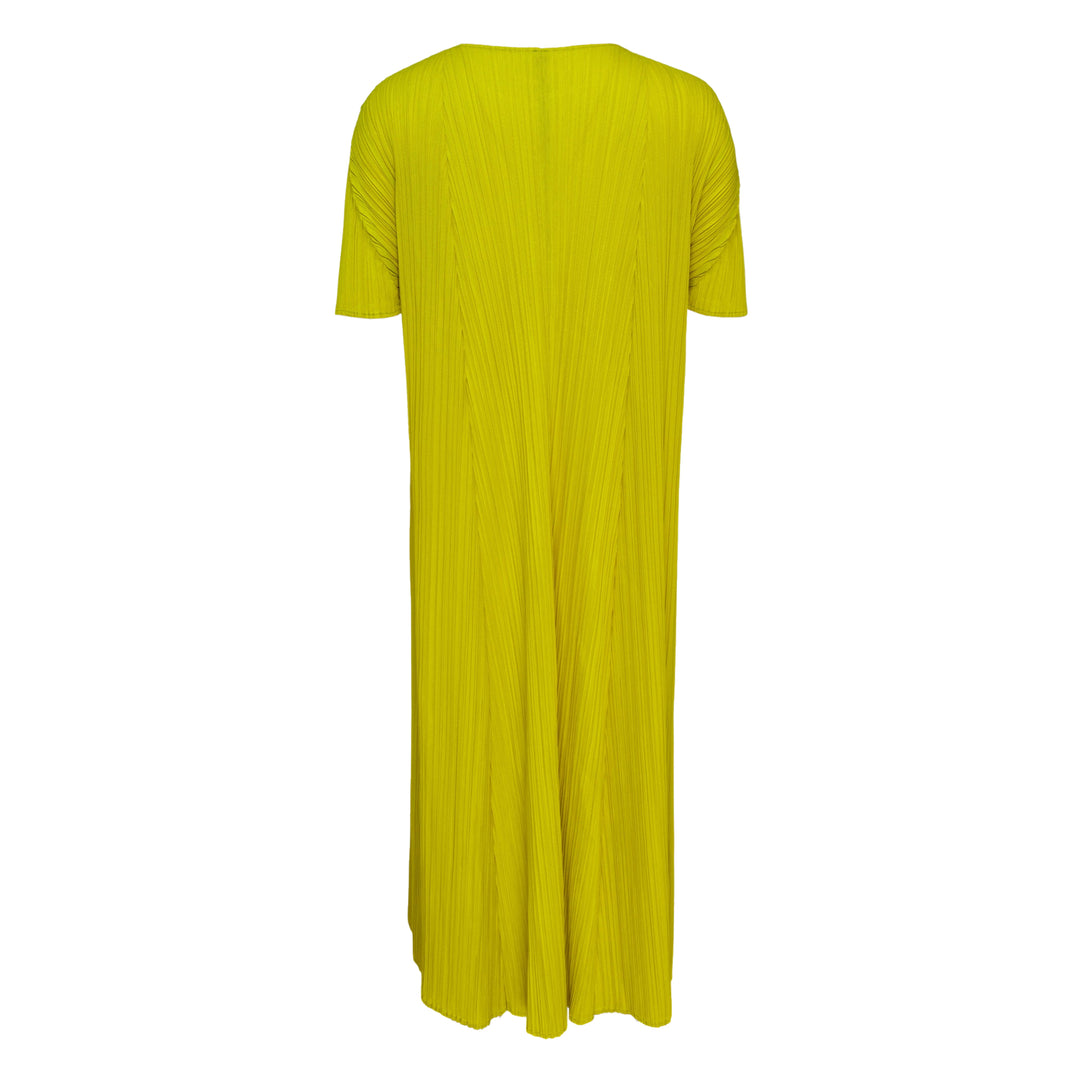 Pleats Please Issey Miyake Mellow Pleats Dress in silver-grey with fine vertical pleating, round neckline and short sleeves, midi length