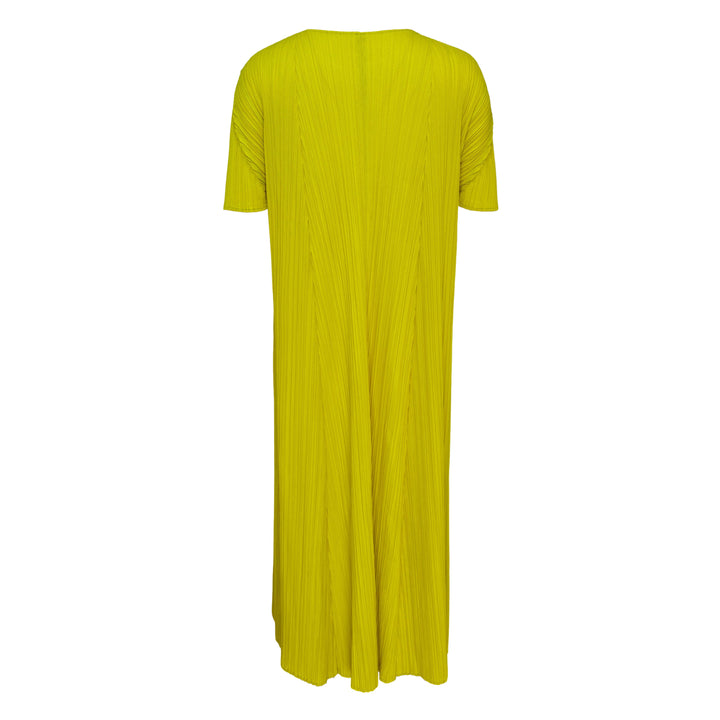Pleats Please Issey Miyake Mellow Pleats Dress in silver-grey with fine vertical pleating, round neckline and short sleeves, midi length