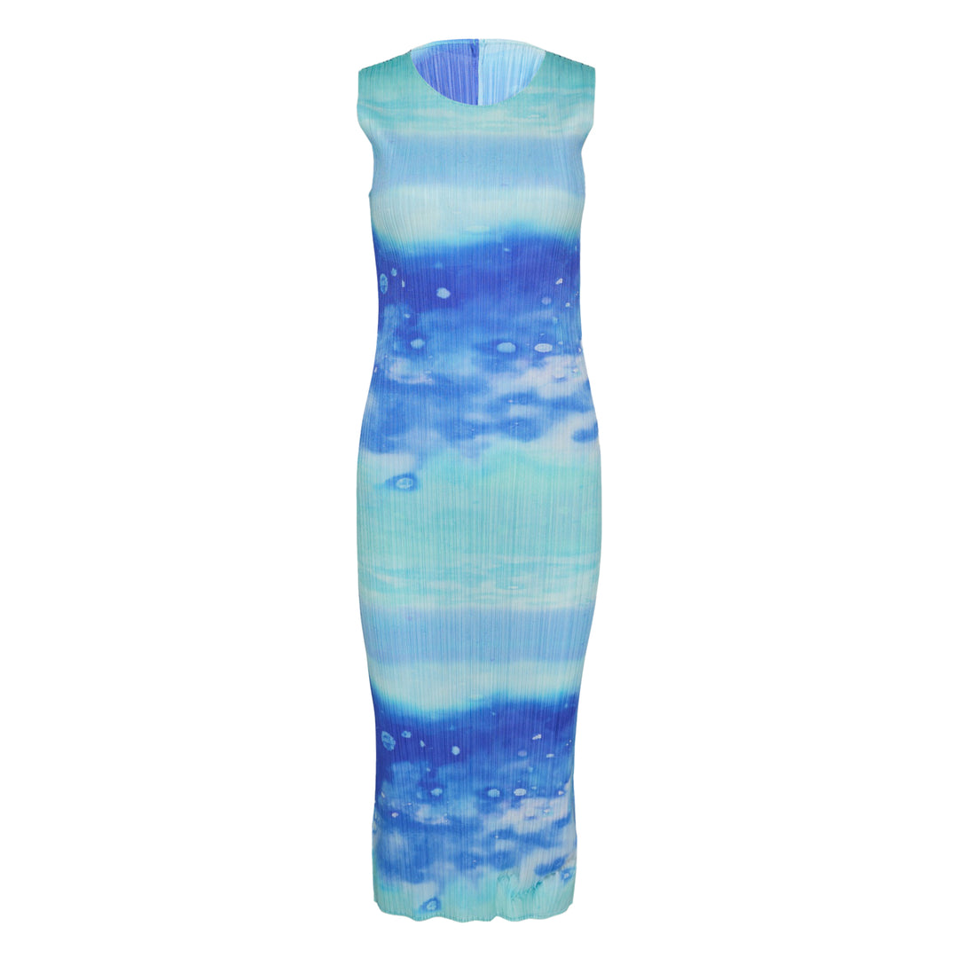 Pleats Please Issey Miyake Sea Bubble sleeveless pleated midi dress in cobalt blue and aqua underwater bubble print