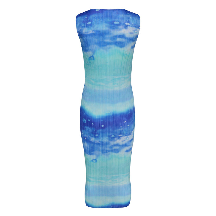 Pleats Please Issey Miyake Sea Bubble sleeveless pleated midi dress in cobalt blue and aqua underwater bubble print