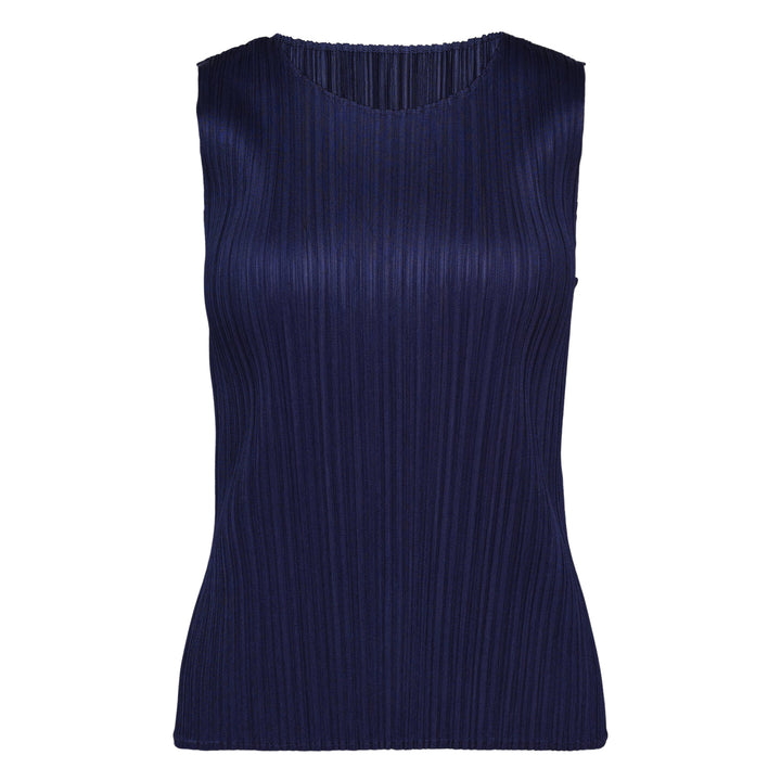 Pleats Please Issey Miyake Monthly Colors May sleeveless navy pleated tank top with round neckline and vertical pleating detail