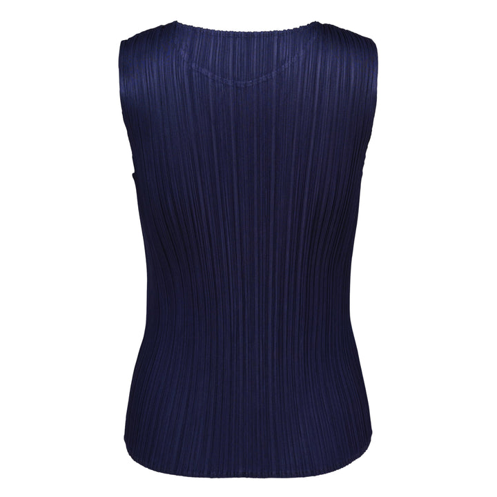 Pleats Please Issey Miyake Monthly Colors May sleeveless navy pleated tank top with round neckline and vertical pleating detail