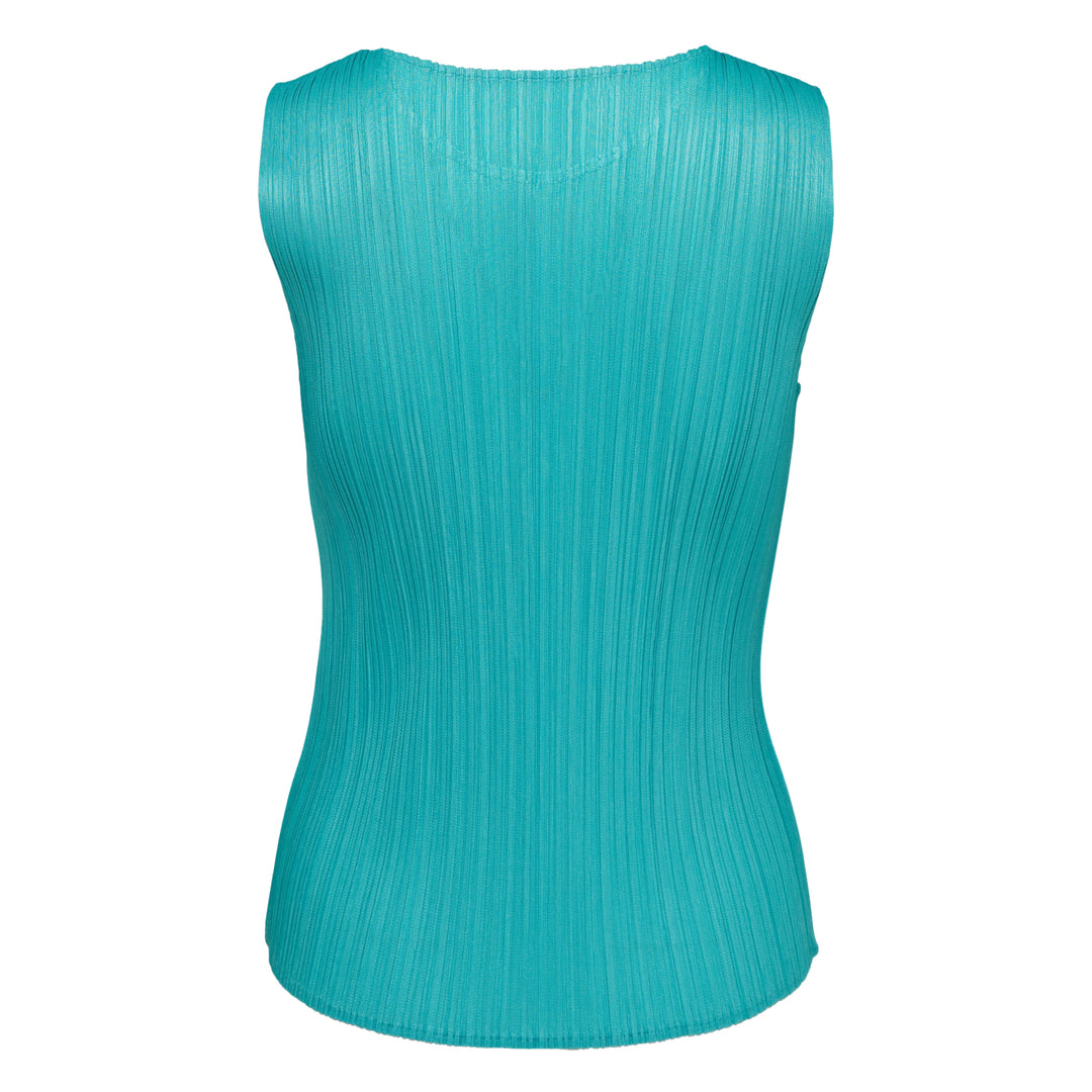 Pleats Please Issey Miyake Monthly Colors May sleeveless navy pleated tank top with round neckline and vertical pleating detail