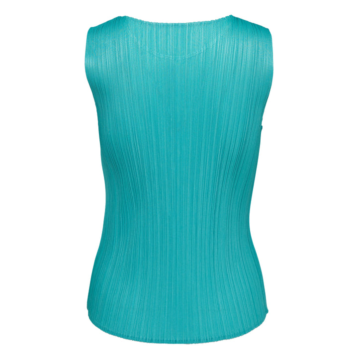 Pleats Please Issey Miyake Monthly Colors May sleeveless navy pleated tank top with round neckline and vertical pleating detail