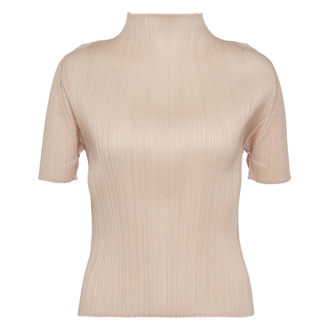 Pleats Please Issey Miyake Monthly Colors May short sleeve mock neck top in blush pink pleated fabric, product flat lay on white background