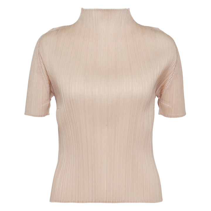 Pleats Please Issey Miyake Monthly Colors May short sleeve mock neck top in blush pink pleated fabric, product flat lay on white background